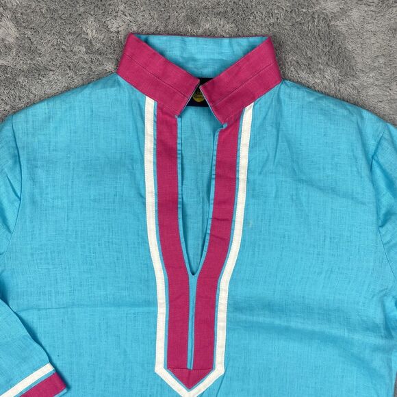 Guru NYC Tunic Shirt Women Medium Blue Pink European Linen - Picture 2 of 13